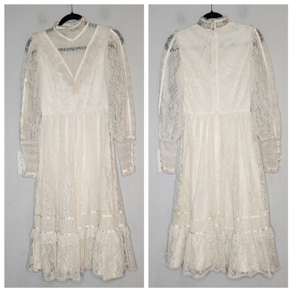 Gunne Sax Vintage Ivory Lace Midi Dress Victorian Edwardian 70s 80s XS - Picture 8 of 16